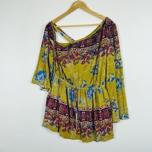 Free People Mini Dress Womens Small Green Floral Boho‎ Off Shoulder Blouson Boho
